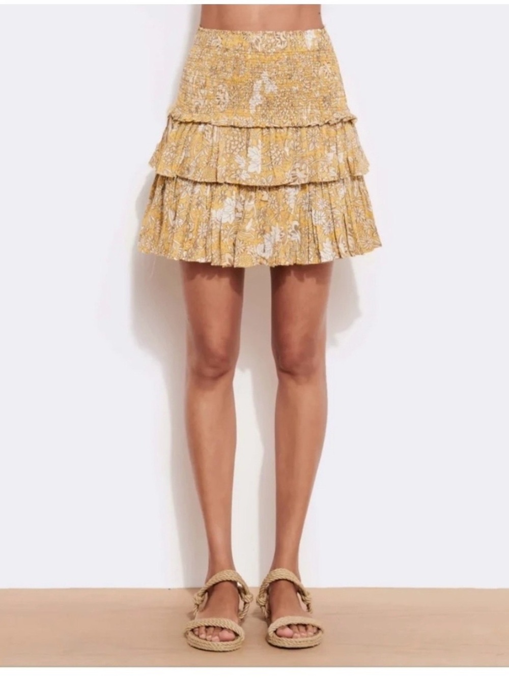 Sundry Smocked Tiered Mini Skirt in Mustard Floral